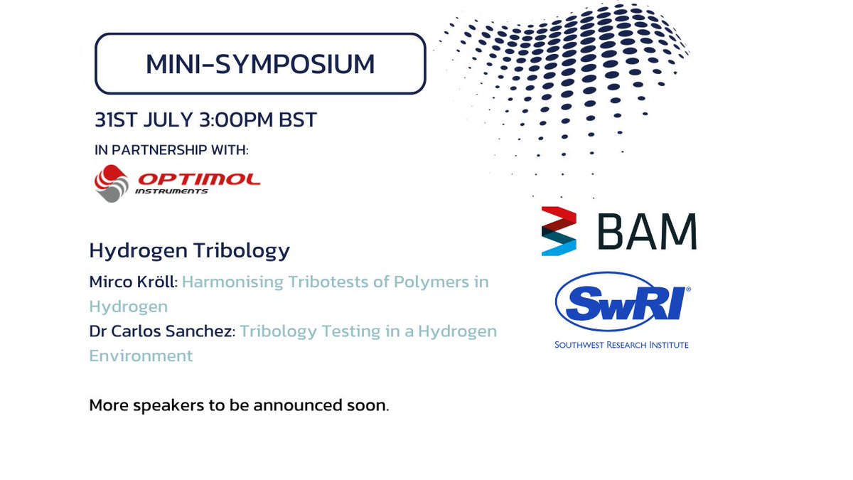 A very special welcome to our  Mini-Symposium speakers for July! More speakers to be announced soon.

Register here: my.demio.com/ref/QKh2Yj8Lie…

#webinar #symposium #tribology #hydrogen #wear #friction #materials #surfaceengineering #fuellcells