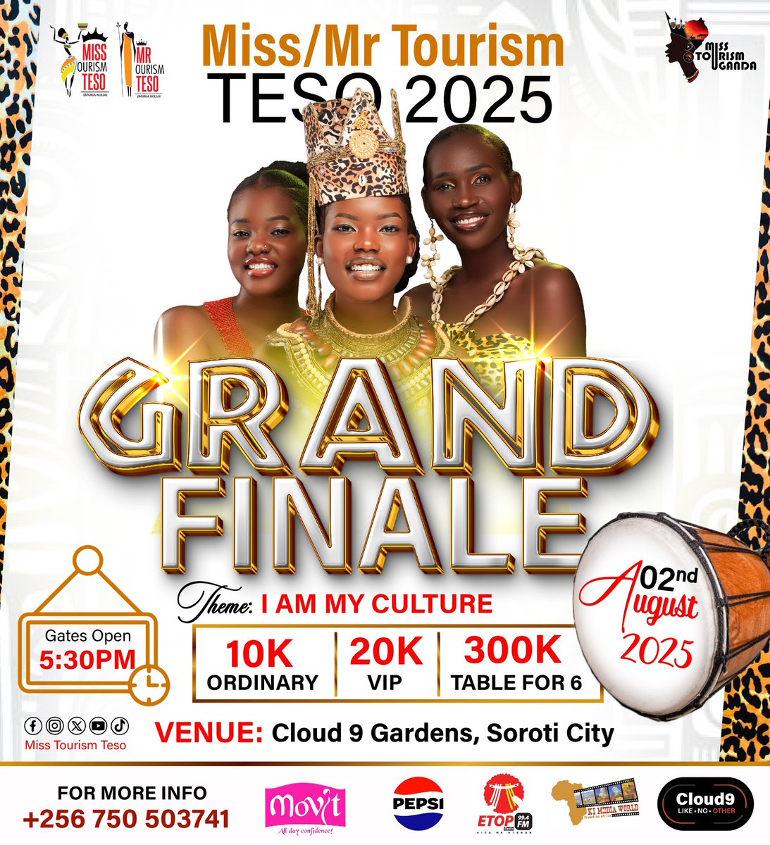It’s not just a crowning night but a night to celebrate culture, to celebrate what is uniquely ours. 

A night to showcase the beauty of Ateker land. 

Miss Tourism Teso
*GRAND FINALE*

Happening on 2nd August, 2025

Venue: Cloud 9 Soroti City along Moroto Highway.

Gates Open: