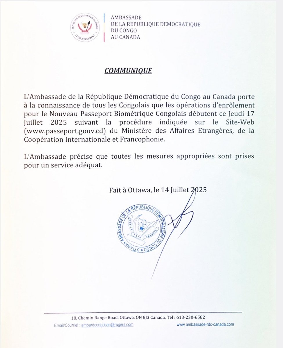 Communiqué : L'enrôlement pour le nouveau passeport biométrique congolais à partir du 17 juillet 2025.

Détails ⬇️⬇️⬇️