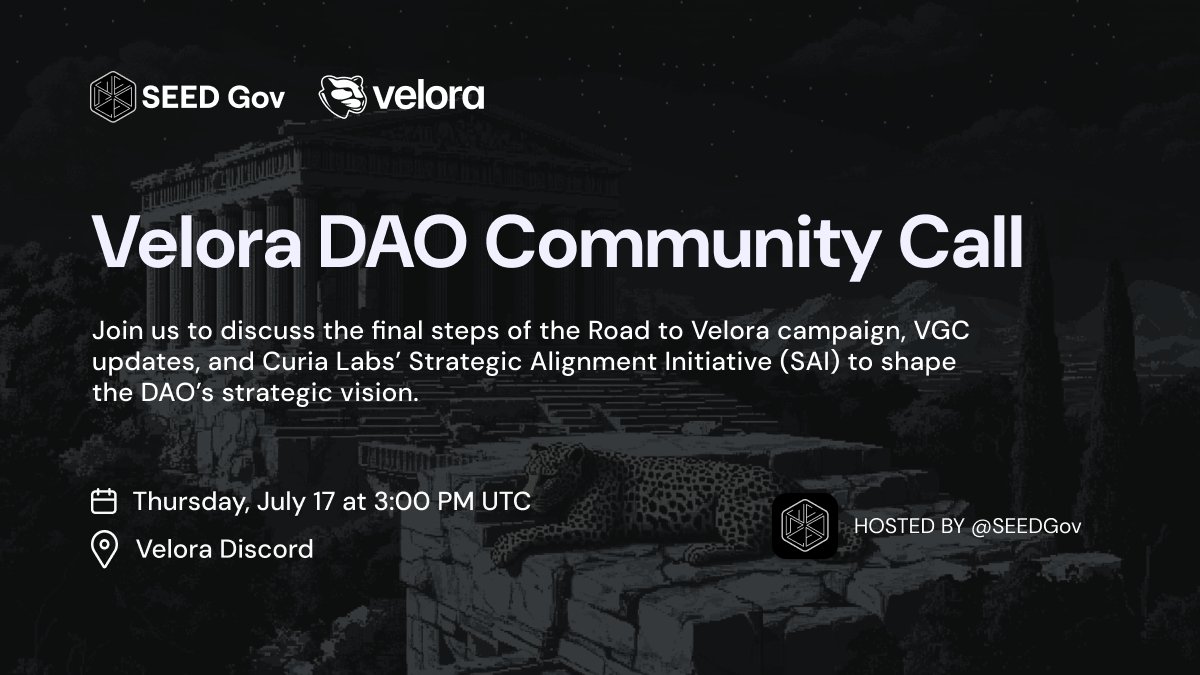 SEED Gov (@seedgov) on Twitter photo Gmonday frens! 🐆
This Thursday 17 at 3:00 PM UTC, we’re hosting a new <a href="/VeloraDEX/">Velora (formerly ParaSwap)</a> DAO Community Call in the Velora Discord. 📣
We’ll be discussing:
🔹 Final steps of the Road to Velora campaign with @0xlaita
🔹 What the Velora Growth Committee has been working on
🔹 <a href="/Curia_gov/">Curia Lab</a> Gmonday frens! 🐆
This Thursday 17 at 3:00 PM UTC, we’re hosting a new <a href="/VeloraDEX/">Velora (formerly ParaSwap)</a> DAO Community Call in the Velora Discord. 📣
We’ll be discussing:
🔹 Final steps of the Road to Velora campaign with @0xlaita
🔹 What the Velora Growth Committee has been working on
🔹 <a href="/Curia_gov/">Curia Lab</a>