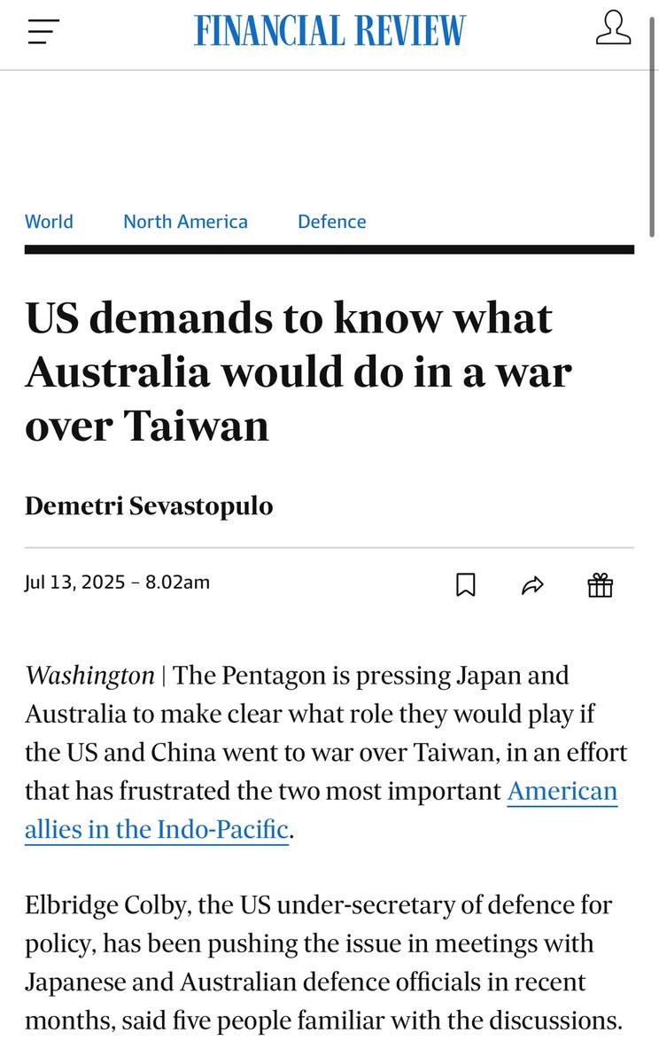 Polls say that Australians are not interested in being a client state of the US.

Don’t take kindly to being bullied or extorted to join wars for US aims, particularly as Trump obliterates the international law that we rely on for our safety, and sovereignty.

Prefer to be