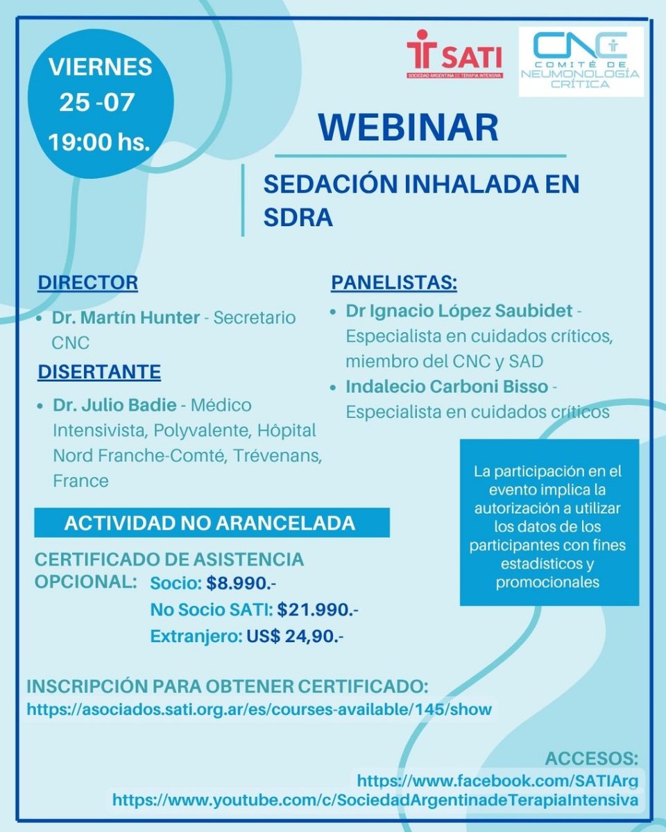 🔔 ACTIVÁ EL RECORDATORIO!!
📢 WEBINAR "Sedación inhalada en SDRA"
📆 VIERNES 25-07, 19:00 hs. Transmisión en vivo por nuestras redes:
🔗youtube.com/@sociedadargen…
🔗linkedin.com/company/socied…
🔗facebook.com/SATIArg/live_v…

#terapiaintensiva #SATI #webinar #jornadas
<a href="/HibaVentila/">HIBA Ventila</a>
