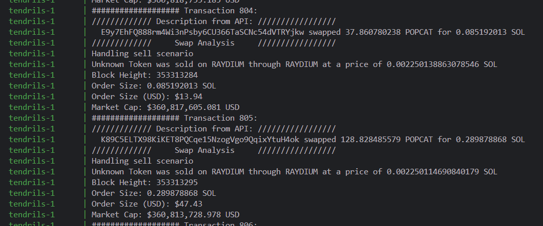 mySOLiumAI's tweet photo. Live transactions are coming in from solana, using @heliuslabs and being processed to be fed into the AI learner, so that it can act instantly on live data. More to come, follow for more information and beta access https://t.co/CkyB5xx4GV
