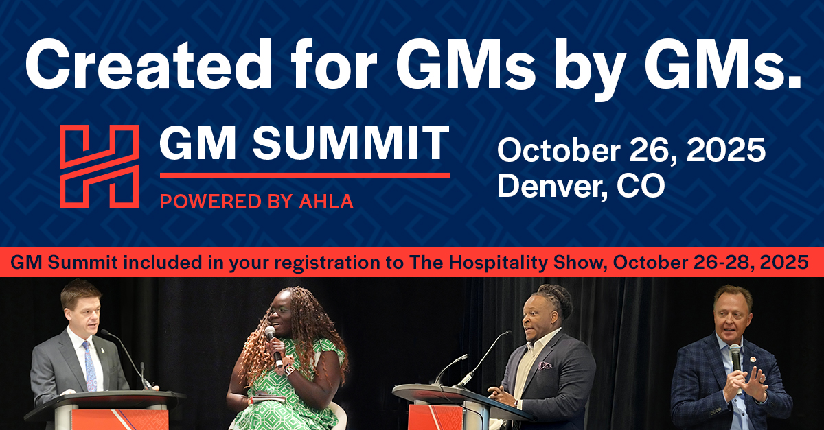 General managers face unique challenges on a daily basis. That's why there's an event created for GMs by GMs! 

Join us on Sunday, Oct. 26, in Denver, for the GM Summit, powered by AHLA! GMs will come together to discuss timely topics, dive into interactive group sessions, and