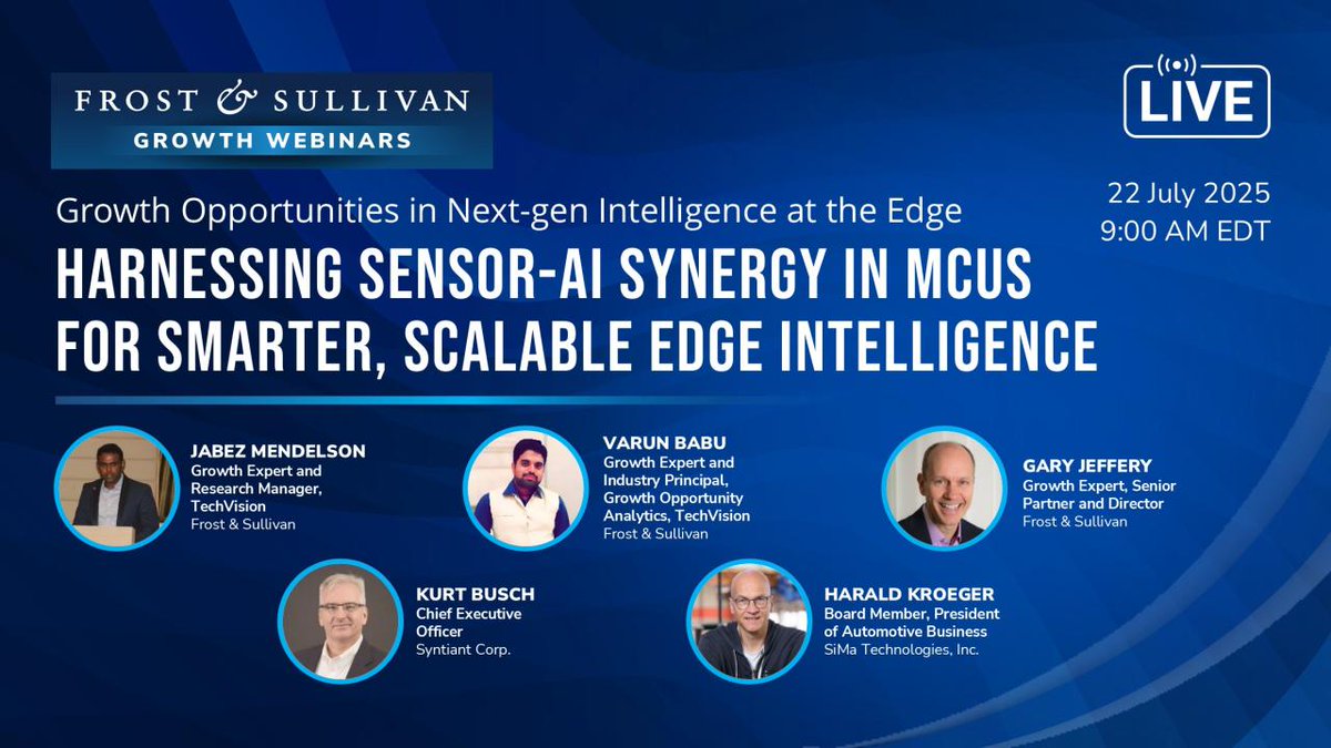 Syntiant Corp. (@syntiantcorp) on Twitter photo Join our CEO, Kurt Busch, next week—Tuesday, July 22 at 6:00 AM PT / 9:00 AM ET—for a panel discussion: “Smarter Edge: Unlocking Growth with AI-Driven Sensors & MCUs.”
Busch will join <a href="/Frost_Sullivan/">Frost & Sullivan</a> experts and SiMa Technologies to answer questions about growth opportunities Join our CEO, Kurt Busch, next week—Tuesday, July 22 at 6:00 AM PT / 9:00 AM ET—for a panel discussion: “Smarter Edge: Unlocking Growth with AI-Driven Sensors & MCUs.”
Busch will join <a href="/Frost_Sullivan/">Frost & Sullivan</a> experts and SiMa Technologies to answer questions about growth opportunities