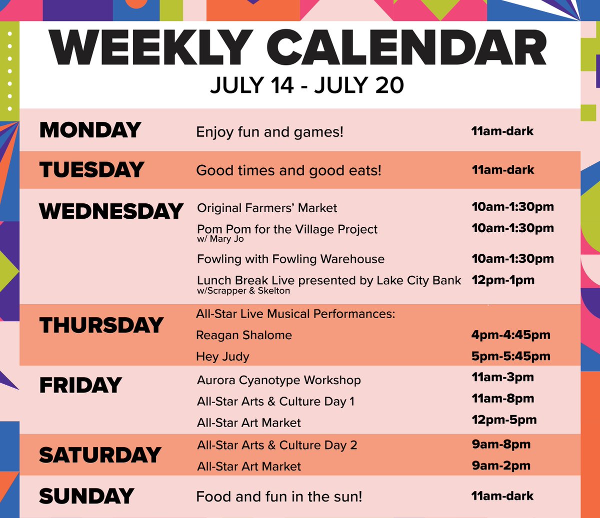 This week at SPARK! ✨ 

Don't miss family-friendly artmaking activities, face painting, live music, DJs, and a special All-Star Market, July 17-19. #WNBAAllStar2025

Learn more at circlespark.org