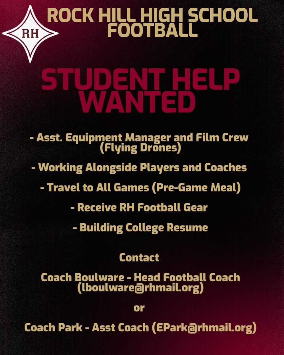RHHSBearcatsFB's tweet photo. 📣 The Rock Hill Bearcats are searching for dedicated Student Managers.
👟Handle gear⚡Support the team. 🧠 Learn the game. If you’ve got hustle, heart, and school pride, this is your moment.
🔍 See flyer for full details.
 #EarnIt @BoulwareLeon @CoachEParkFB https://t.co/H2wlm0qflp
