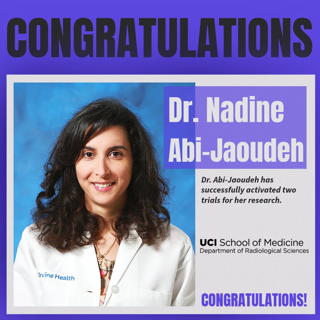 UCI Radiology (@uciradiology) on Twitter photo We extend our congratulations to Dr. Nadine Abi-Jaoudeh for successfully activating two trials for her research, one sponsored by Innova Vascular Inc and another by Penumbra. A great achievement for Dr. Abi-Jaoudeh and her commitment to research.
#UCI <a href="/UCIradres/">UCI Radiology Residency</a> <a href="/UCI_Neurorads/">UCI Neuroradiology</a> We extend our congratulations to Dr. Nadine Abi-Jaoudeh for successfully activating two trials for her research, one sponsored by Innova Vascular Inc and another by Penumbra. A great achievement for Dr. Abi-Jaoudeh and her commitment to research.
#UCI <a href="/UCIradres/">UCI Radiology Residency</a> <a href="/UCI_Neurorads/">UCI Neuroradiology</a>
