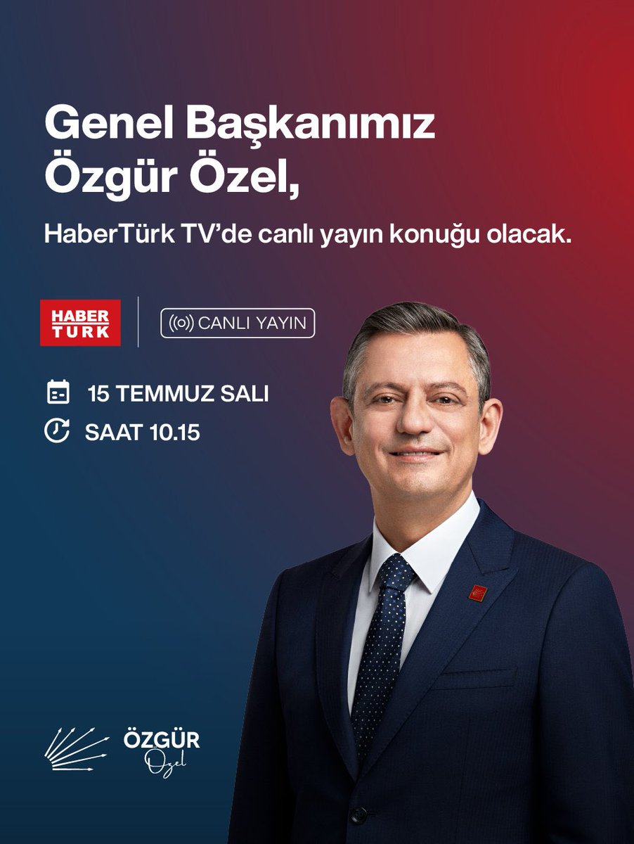 Genel Başkanımız Sayın Özgür Özel, yarın sabah HaberTürk TV’de canlı yayın konuğu olacak. 

🗓️15 Temmuz Salı 
⏰10.15
📍HaberTürk TV