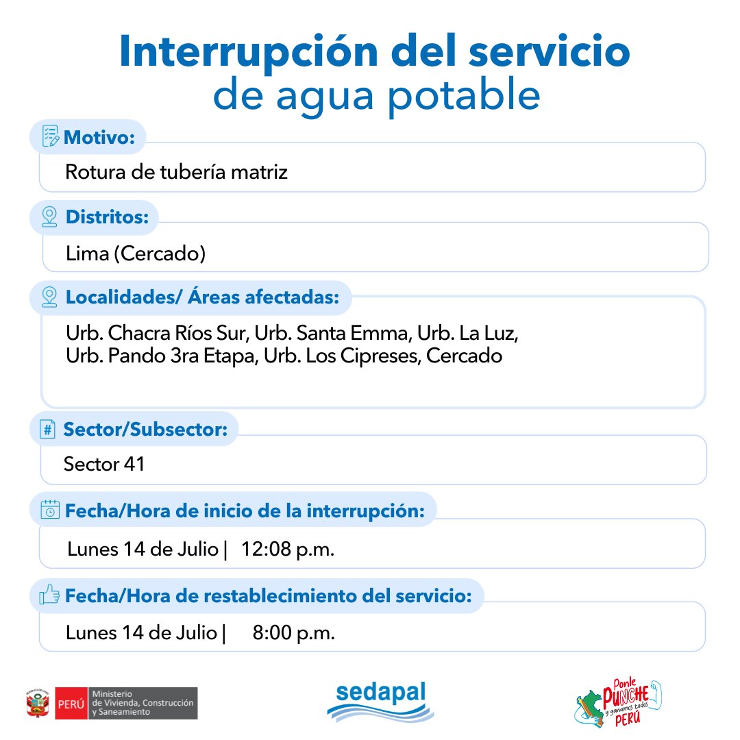SedapalOficial's tweet photo. 🚨 #LoÚltimo | ¡Atención vecinos de #LimaCercado! #Sedapal atiende una emergencia imprevista por lo que se interrumpirá parcialmente el servicio de agua en algunos sectores. Más detalles aquí 📷#InterrupciónDelServicio https://t.co/056dJnZyJO