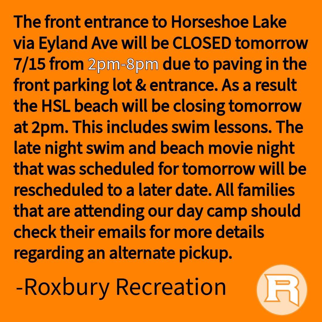 If you park your vehicle in any of the parking lots aside from the Righter Rd lot, you must move your vehicle by 2pm tomorrow. The paving requires a complete shutdown of the entrance/exit from Eyland Ave.