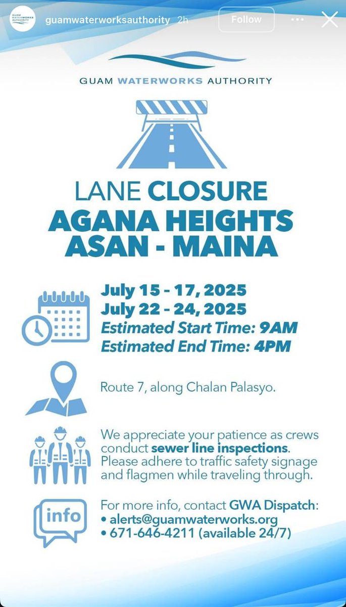 🚧 Sewer line inspections near the Guam VA Clinic will cause road closures and traffic delays. 🗓️ July 15-17 &amp; 22-24, 2025, 09:00-16:00. Plan accordingly! #Guam #TrafficAlert