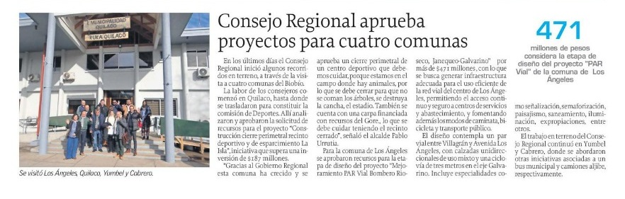 Cores aprobaron proyectos para infraestructura deportiva, vial y de servicios en comunas de la Provincia de Biobío como Cabrero, Quilaco, Yumbel, Los Ángeles y Cabrero.  Nota diario El Sur