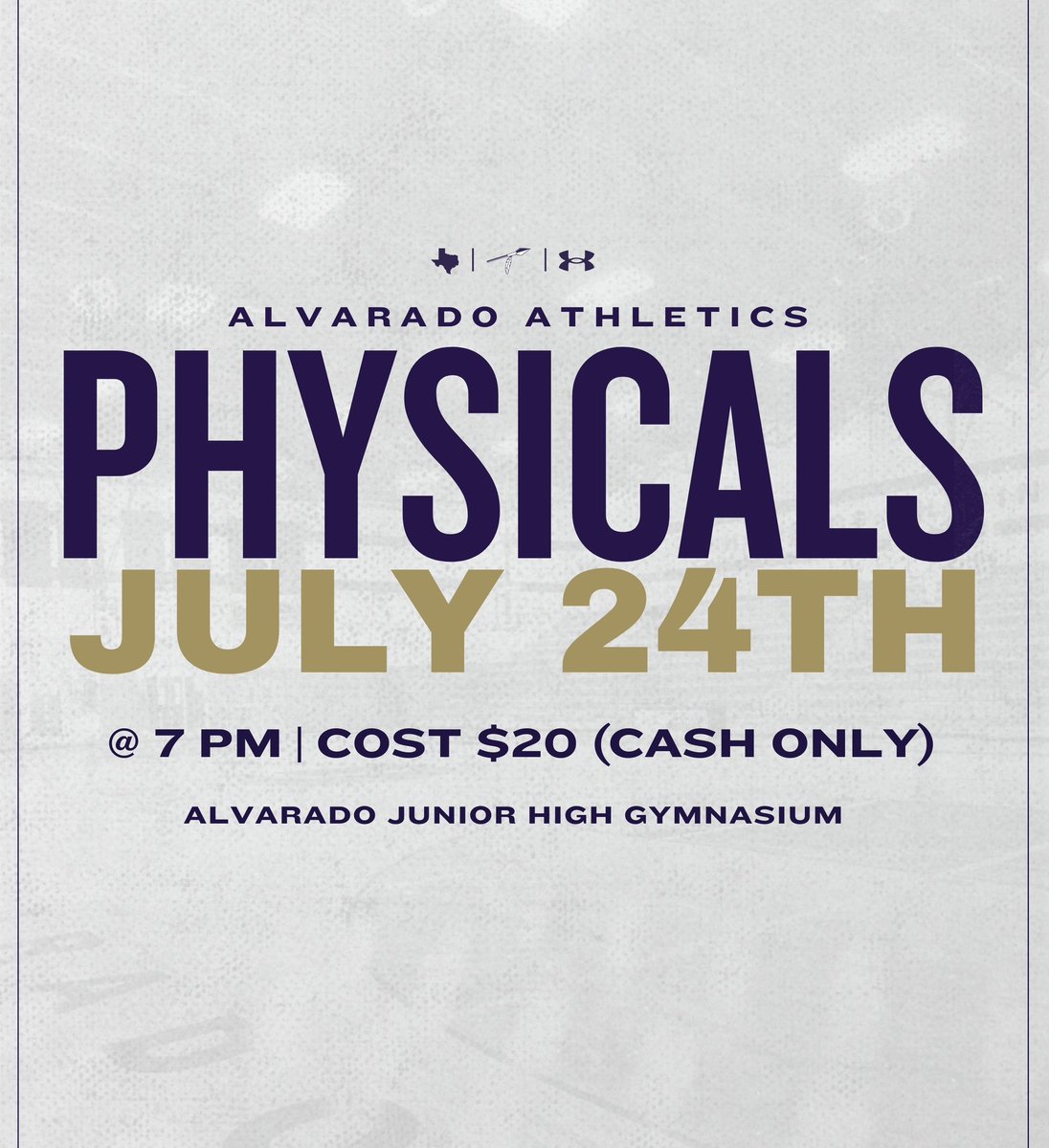 🚨 Athletic Physicals 🚨 

📍 Alvarado Junior High School - Gymnasium
📅 July 24, 2025
🕧 7:00 PM
💲 $20 (cash only)

Date is set! Use this opportunity to get your physical &amp; UIL paperwork complete so you don’t have to WATCH your teammates prepare without you. 

#TR1BE