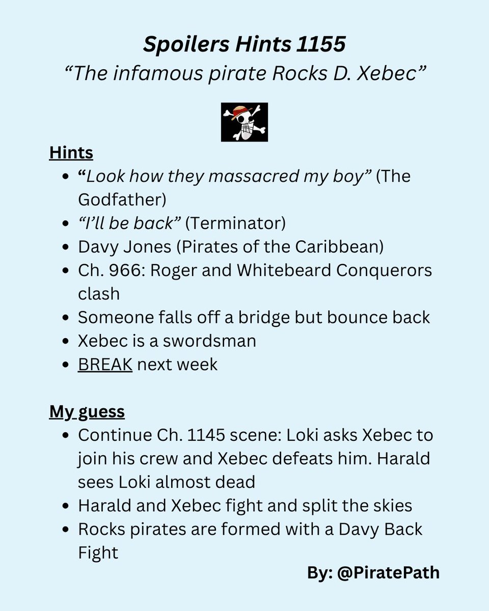 piratepath's tweet image. #ONEPIECE1155 #OPSPOILERS
SPOILERS HINTS FROM ONE PIECE 1155
Some people were asking for this, so I've put together all the clues we've been given by leakers so far
As always, these are my guesses, what are yours?
@Mugiwara_23 @WorstGenHQ