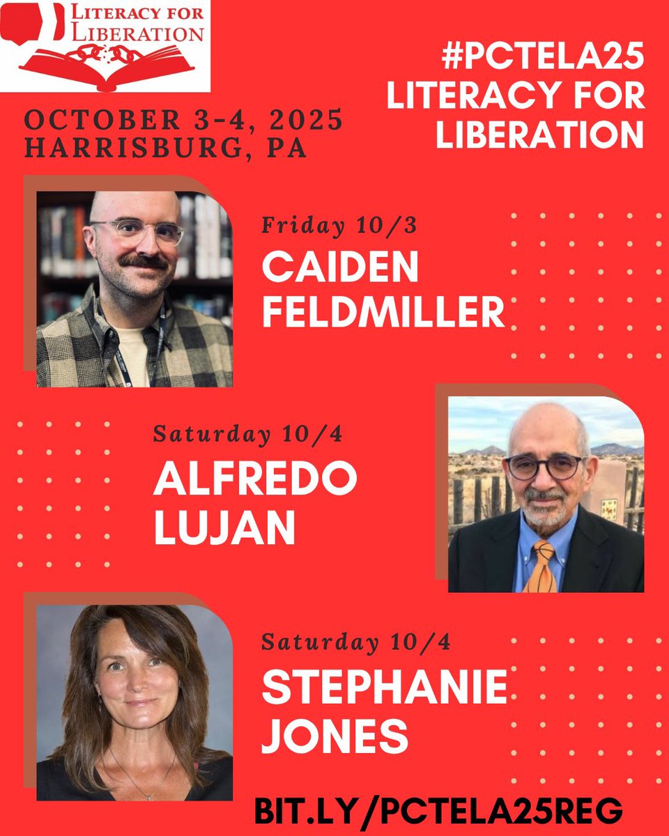 PCTELA (@pctelanews) on Twitter photo We are excited to announce our keynote speakers for #pctela25! Watch our social media pages for more info about each amazing speaker!
Register today and join us in Harrisburg this fall!
bit.ly/PCTELA25Reg
<a href="/ncte/">National Council of Teachers of English (NCTE)</a> <a href="/WPCTEtweets/">WPCTE</a> <a href="/PSEA/">PSEA</a> <a href="/PADeptofEd/">PA Department of Education</a> <a href="/PAEduChat1/">PAEduChat</a> We are excited to announce our keynote speakers for #pctela25! Watch our social media pages for more info about each amazing speaker!
Register today and join us in Harrisburg this fall!
bit.ly/PCTELA25Reg
<a href="/ncte/">National Council of Teachers of English (NCTE)</a> <a href="/WPCTEtweets/">WPCTE</a> <a href="/PSEA/">PSEA</a> <a href="/PADeptofEd/">PA Department of Education</a> <a href="/PAEduChat1/">PAEduChat</a>