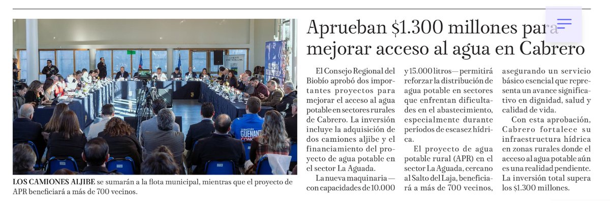 En sesión del Consejo Regional desarrollada en la comuna de Cabrero, se aprobaron recursos para la adquisición de dos camiones aljibe y el financiamiento del sistema de Agua Potable Rural (APR) para el sector La Aguada, comuna de Cabrero. Nota en latribuna.cl