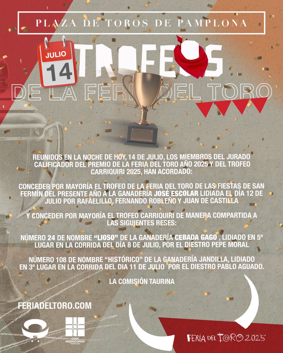 [ 🏆 𝗧𝗥𝗢𝗙𝗘𝗢𝗦 ] 

El jurado calificador del trofeo de la Feria del Toro 2025 y del trofeo Carriquiri han acordado:

🎖️ Trofeo Feria del Toro para José Escolar
🎖️Trofeo Carriquiri ex aequo para “Lioso” de Cebada Gago e “Histórico” de Jandilla