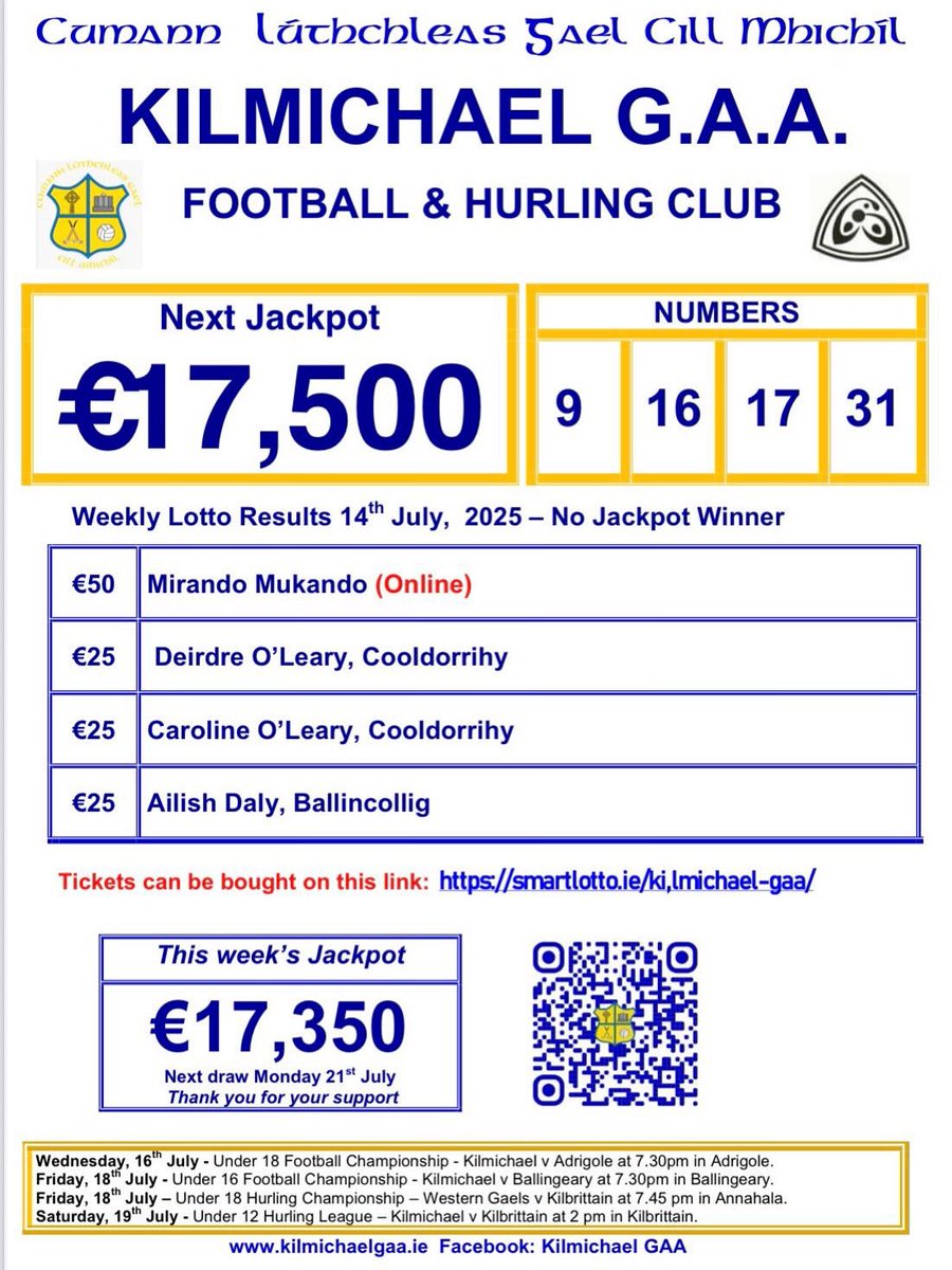 This weeks lotto results &amp; club fixtures, thanks for your support.