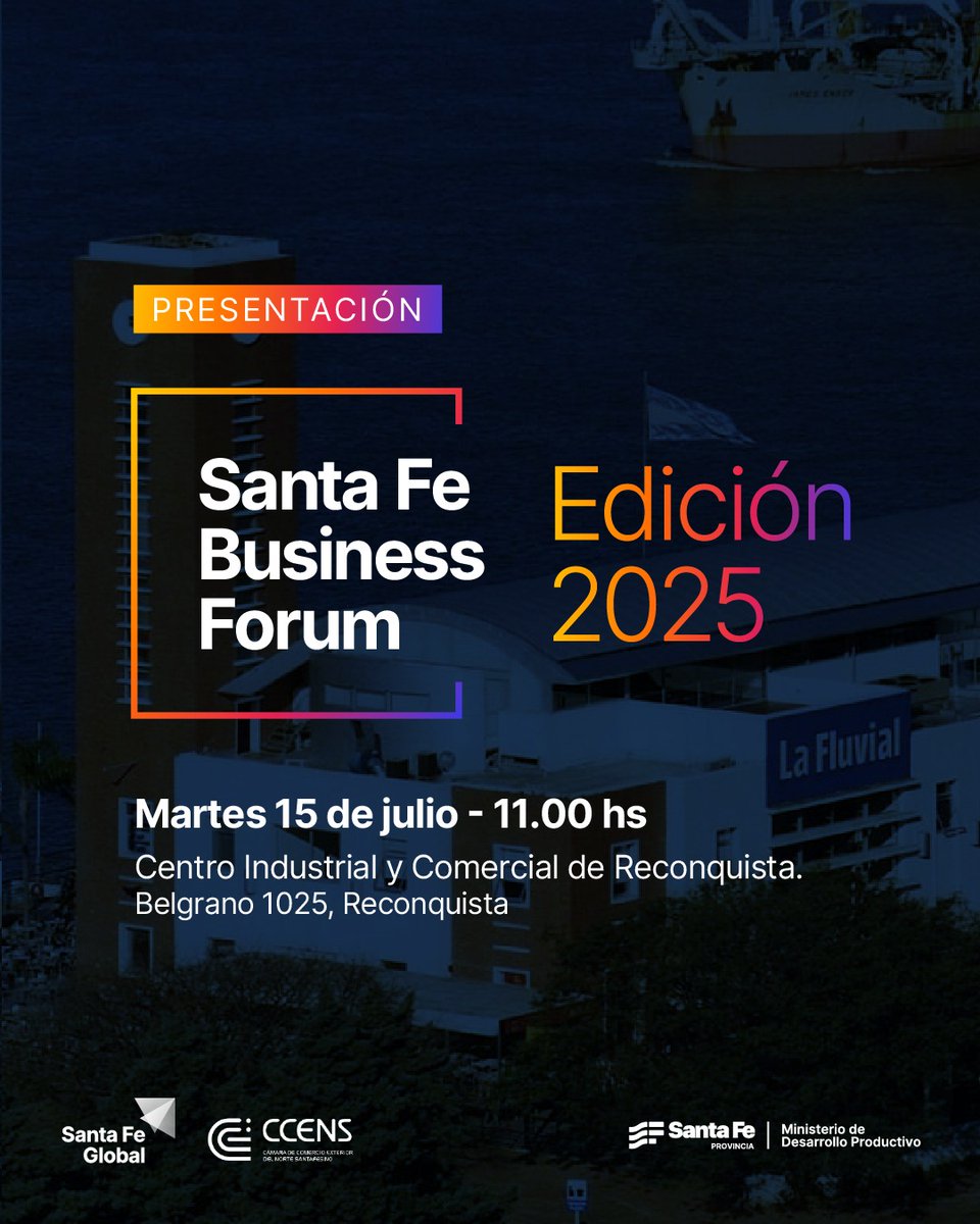 ➡️ Los invitamos a participar del lanzamiento de la segunda edición del Santa Fe Business Fórum.

🗓️ Fecha: 15 de julio
 
🕙 Horario: 11 hs 

📍 Lugar: Centro Industrial y Comercial de Reconquista
Belgrano 1025, Reconquista

📝 Inscripción:
forms.gle/PJqudxrKxQPhAG…