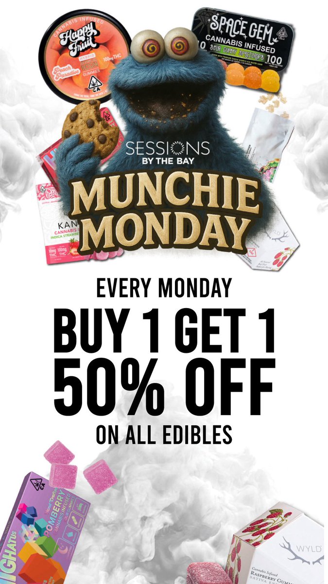Today is Munchie Monday at Sessions by the Bay!
Buy one, get one for 50% off!’ all edibles!
sessionsbythebay.com