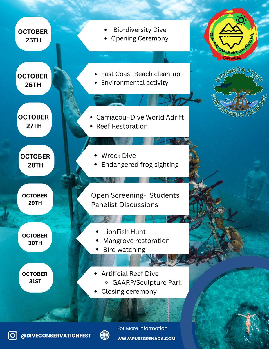 The Grenada Tourism Authority is proud to announce the return of the Dive &amp; Conservation Festival, taking place October 25–31, 2025 across Grenada and Carriacou.

Learn more and get involved: puregrenada.com/dcf

#GrenadaTourism #DiveConservationFest 
#Grenada #PureGrenada