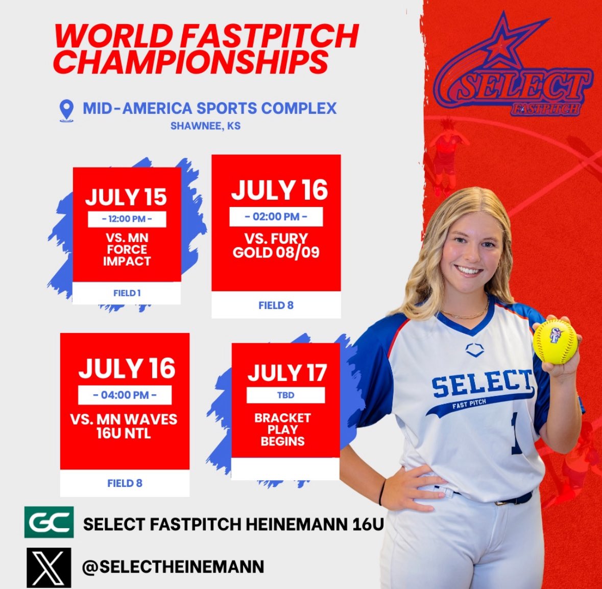 It’s the last tournament of the summer season! Ready to compete and play hard‼️‼️ 

<a href="/SelectHeinemann/">Select Fastpitch 16u Heinemann</a> <a href="/ejonesrockchalk/">Eric Jones - Select Fastpitch</a> 

Here’s our schedule: