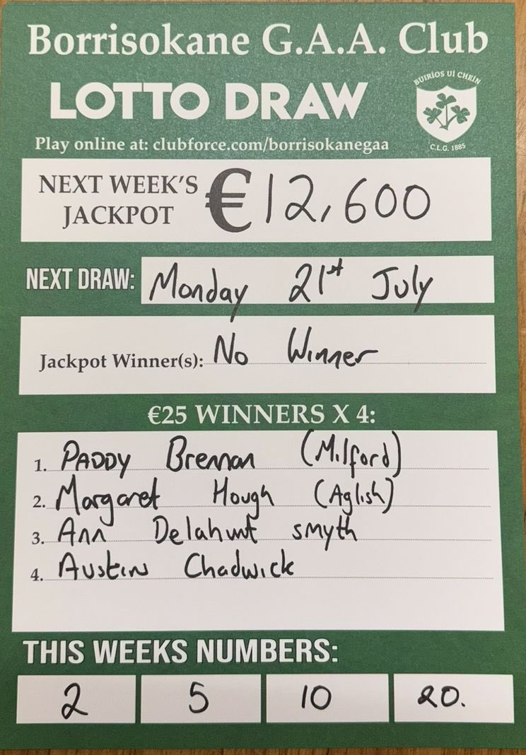 🎰Results of lotto draw

Monday 14th July 2025

2-5-10-20

❌ NO JACKPOT WINNER ❌

🌟€25 lucky dip to winners🌟

-Paddy Brennan (Milford)
-Ann Delahunt Smyth 
-Austin Chadwick 
-Margaret Hough (Aglish) 

Next weeks jackpot
 €1️⃣2️⃣, 6️⃣0️⃣0️⃣🎰

Thank you for your continued support