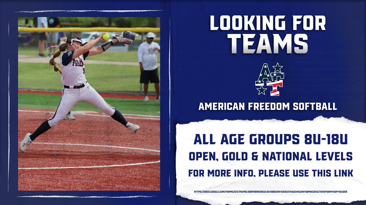 American Freedom Softball (@afsball) on Twitter photo The search for excellence continues! American Freedom Softball is expanding our teams across the country in all age groups (8U-18U). Multiple competitive levels available. Your softball journey starts here. For more info, call 469-536-9800 #StrongAF The search for excellence continues! American Freedom Softball is expanding our teams across the country in all age groups (8U-18U). Multiple competitive levels available. Your softball journey starts here. For more info, call 469-536-9800 #StrongAF