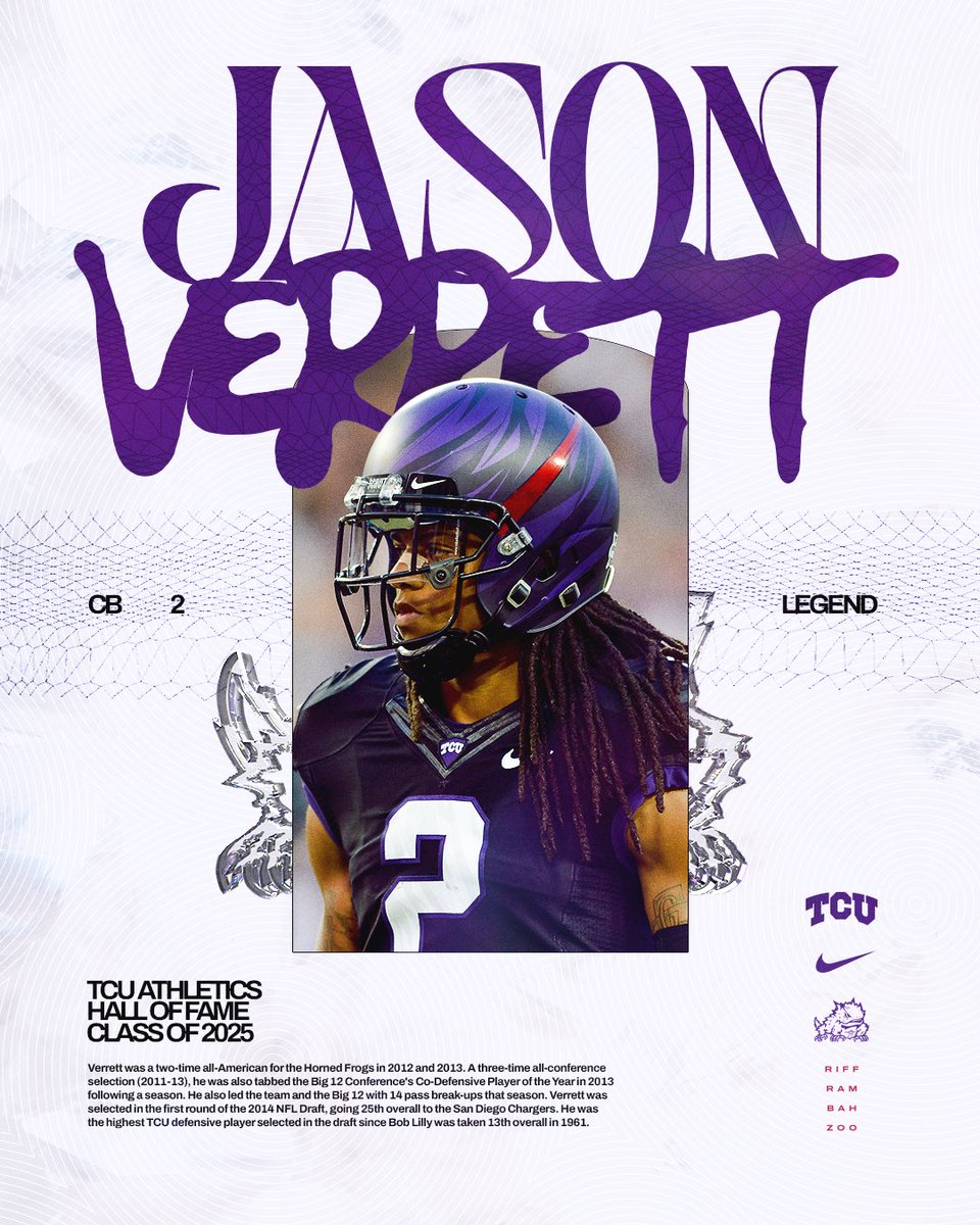 TCUFootball's tweet image. Jason Verrett, a TCU legend, joins the TCU Athletics Hall of Fame this fall!
#GoFrogs ๐ธ #ForTheWorthy