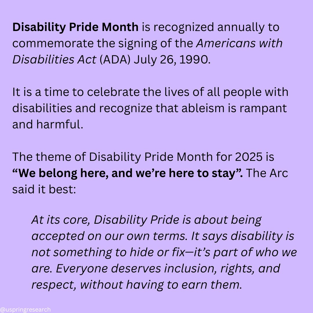 UspringResearch's tweet photo. July is #DisabilityPrideMonth! 😊 🎉
--

"At its core, Disability Pride is about being accepted on our own terms. It says disability is not something to hide or fix—it’s part of who we are. Everyone deserves inclusion, rights, and respect, without having to earn them." - The Arc https://t.co/SITpHIn9Hs