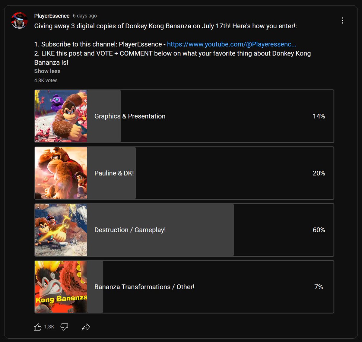 PlayerEssence's tweet image. Donkey Kong Bananza - 3X Digital Code Giveaway
HERE'S HOW TO ENTER🔽
1⃣ Follow PlayerEssence on X/Twitter
2⃣ LIKE & REPOST this Tweet
3⃣ Subscribe to PlayerEssence on YouTube & drop a comment / vote on our latest community poll!
🏆 Winners chosen on July 17th!