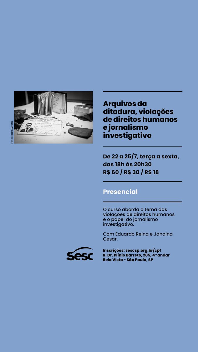 Eu e Janaina Cesar vamos dar um curso no SESC-SP para apresentar fundamentos e ferramentas de investigação de documentos relacionados à violação dos direitos humanos, principalmente em contextos ditatoriais, em arquivos nacionais e internacionais.
…ntrodepesquisaeformacao.sescsp.org.br/.../arqui...