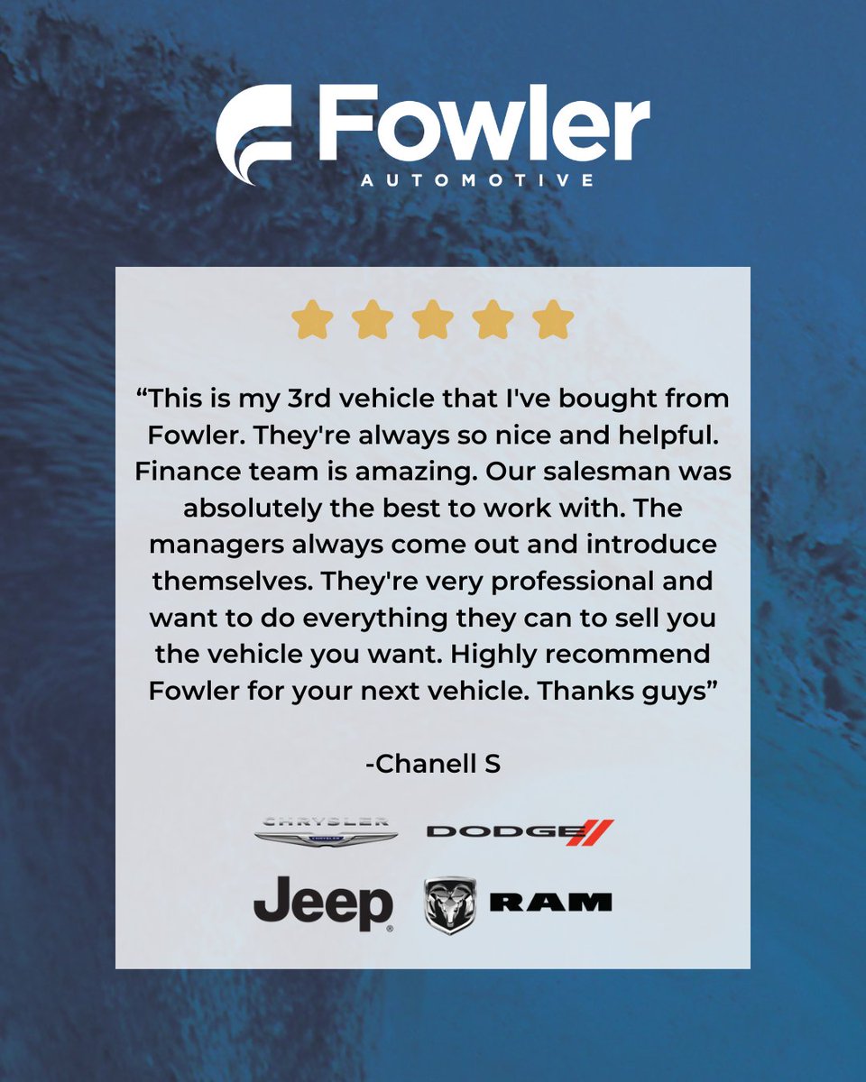 FowlerDodge's tweet image. Three vehicles. One dealership. Endless gratitude. 🙌 Thank you for the 5 stars and for coming back to Fowler Dodge!
#FowlerDodge #LoyalCustomer #ThirdTimeBuyer #Fowler #FowlerAuto #Auto @fowlerauto