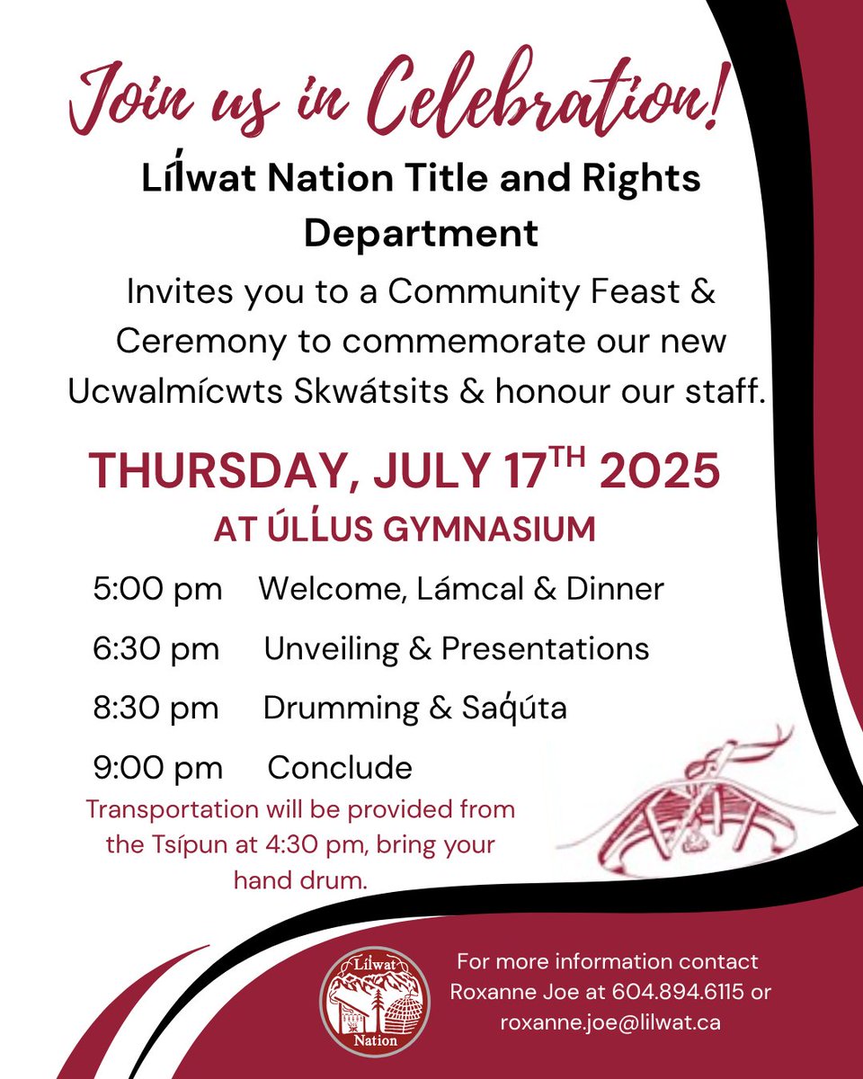 LilwatNation's tweet image. For more information contact Roxanne Joe at:
Phone: 604-894-6115
Email: roxanne.joe@lilwat.ca