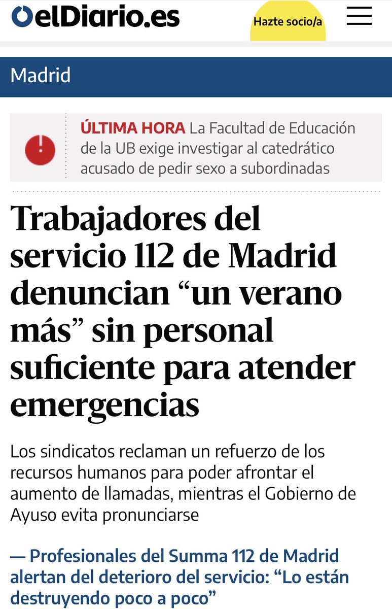 Eliminar los👨🏻‍⚕️de Urgencias Extrahospitalarias ha aumentado las📞al 112.

La falta de unidades SUMMA 112 🚑 colapsa las Urgencias Grandes Hospitales🏥. Tampoco ayuda el cierre de cientos de camas 🛏️ 

Así es el Madrid de Ayuso. Pacientes a la deriva sin opciones sanitarias ágiles