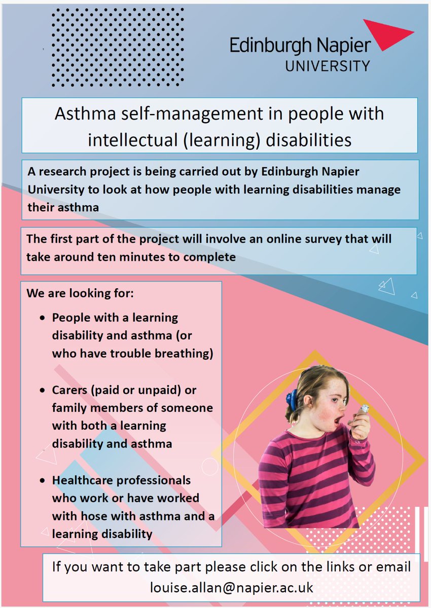lisacoleary's tweet image. Our PhD student (Louise Allan) is recruiting people with intellectual disabilities and asthma, their carers/ family members and professionals who work with this population. The links are below please email louise.allan@napier.ac.uk if have any queries