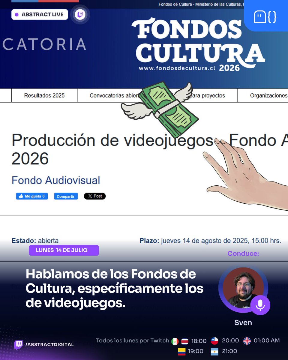 AbstractDw's tweet image. 📢La transmisión de hoy es clave para quienes buscarán fondos de cultura. Acompaña hoy a @svbrand
🔴En vivo por📺Twitch.tv/AbstractDigital desde las 🕗20:00 horas GMT -4
✅¡No te lo pierdas!
#indiegame #indigamedev #fondosdecultura #indiedev #gamedev