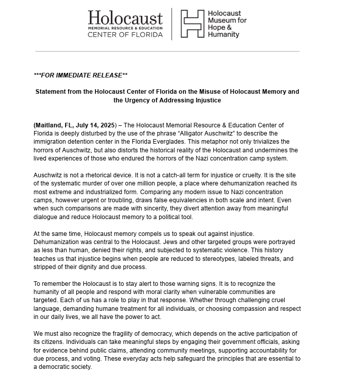 Scott_Maxwell's tweet image. Questioning injustice, no-bid contracts, missing due process, environmental concerns & violations of state auditing laws is fair.
Holocaust hyperbole is not, says Fla's @holocaustcenter
"Auschwitz is not a rhetorical device. It is not a catch-all term for injustice or cruelty."