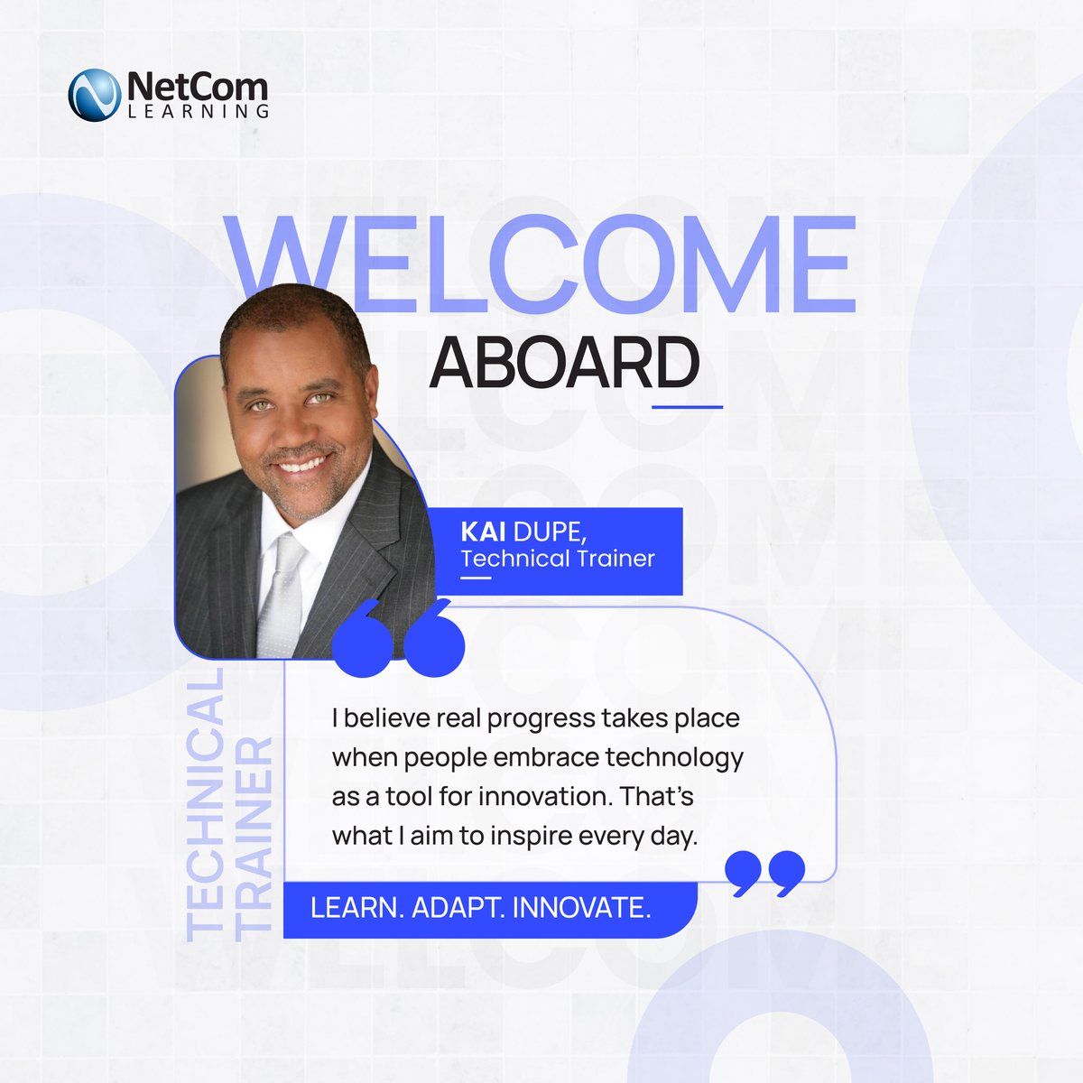 Excited to welcome Kai Dupe, Ed.D., as our new Technical Trainer! 

With 30 years in software engineering and a decade in AWS &amp; Microsoft training, he’s ready to empower learners in tech. 

Join us in welcoming Kai! 

#NewMember #LifelongLearning #TechTraining #NetComLearning