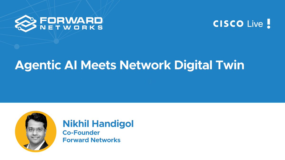 forwardnetworks's tweet image. If you missed our co-founder, Nikhil Handigol's session at #CiscoLive or want to revisit it, watch it on demand! Nikhil demonstrates how Forward's #NetworkDigitalTwin enables AI agents with end-to-end, vendor-agnostic configuration, state, and path data.
hubs.li/Q03x9mVt0