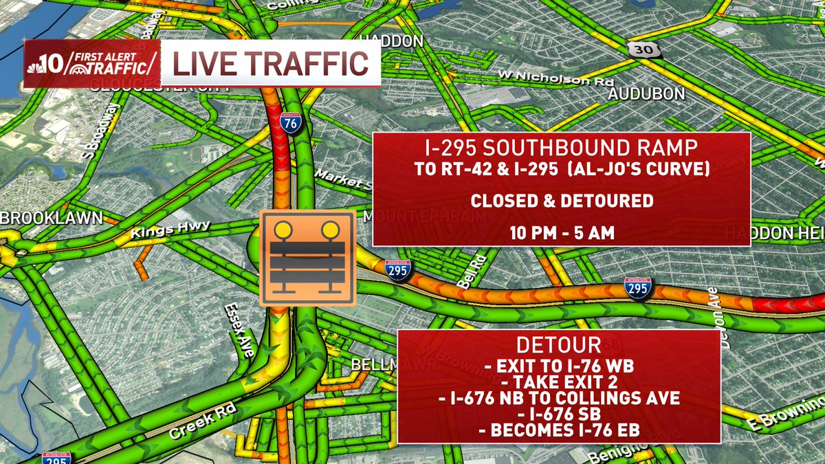 #firstalerttraffic Heads up tonight - closure on I-295 SB at Aljo curve. <a href="/NBCPhiladelphia/">NBC10 Philadelphia</a>
