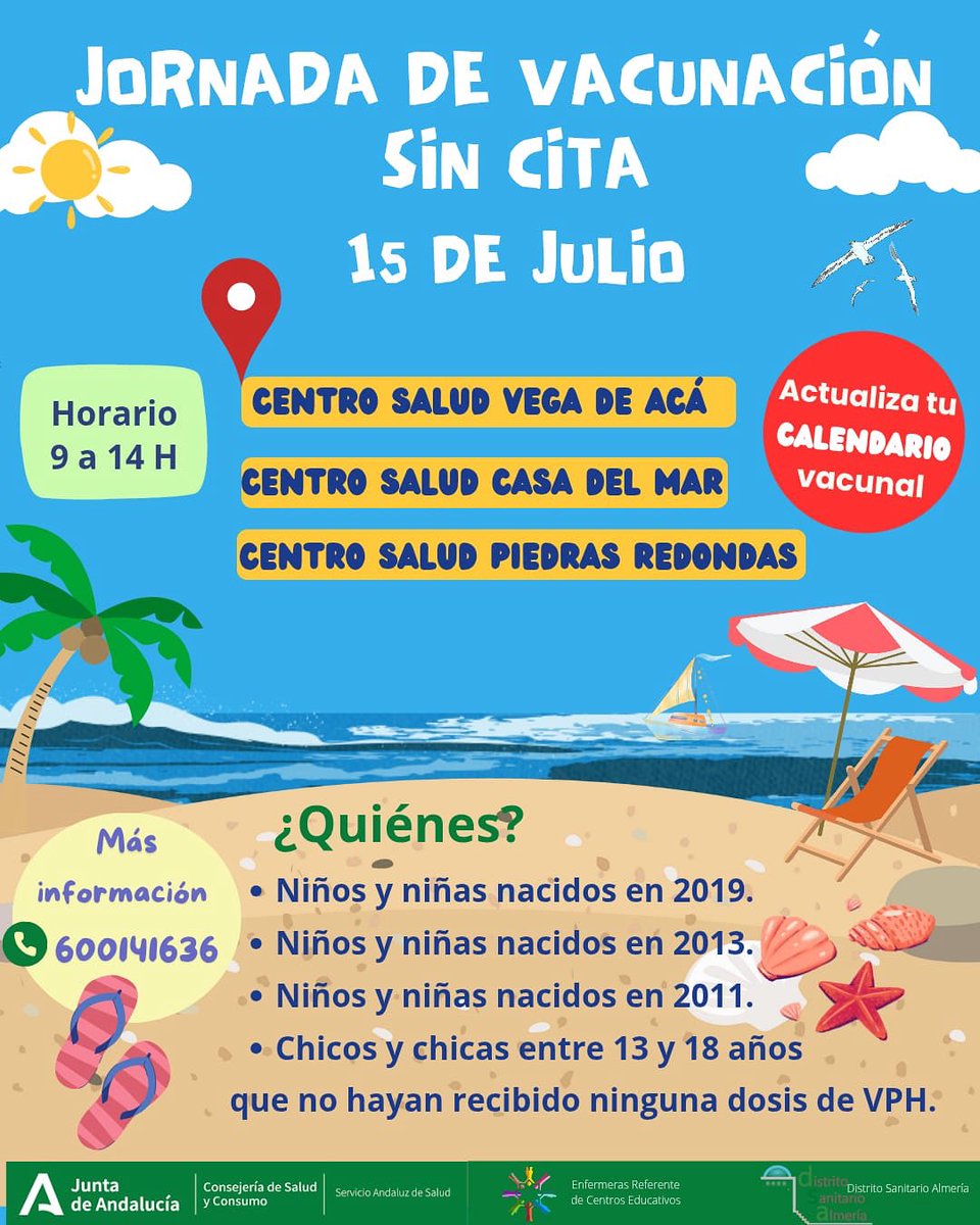 🗓️ Jornada de Vacunación - Sin Cita
📅 15 de julio
⏰ De 9 a 14 horas
📍 Lugares:
Centro de Salud Vega de Acá 
Centro de Salud Casa del Mar 
Centro de Salud Piedras Redondas
🔔 Actualiza tu calendario vacunal y no pierdas la oportunidad de proteger a tus seres queridos