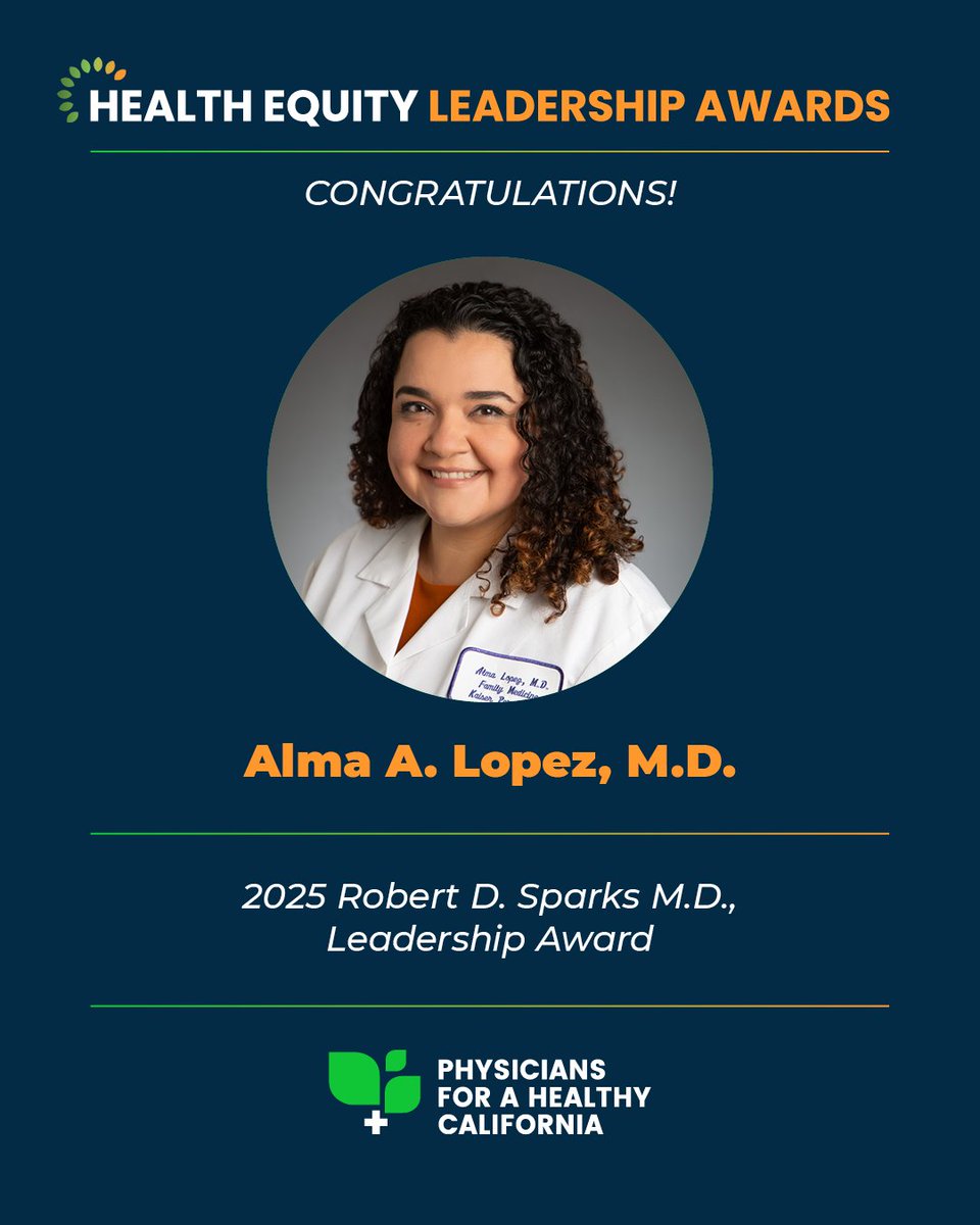 PHCDocs's tweet image. Congratulations to our Health Equity Leadership Awardees! Alma A. Lopez, M.D., received the 2025 Robert D. Sparks, M.D., Leadership Award in honor of her outstanding dedication to the health of her local communities. phcdocs.org/equity-summit/…