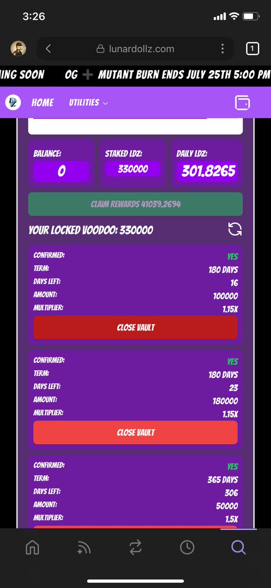 RobyTrice77's tweet image. Got a nice juicy vault earning me an extra 300+ $Ldz a day. @LunardollzNft gives you so many ways to benefit! Earning over 2000 $Ldz a day including my staking!