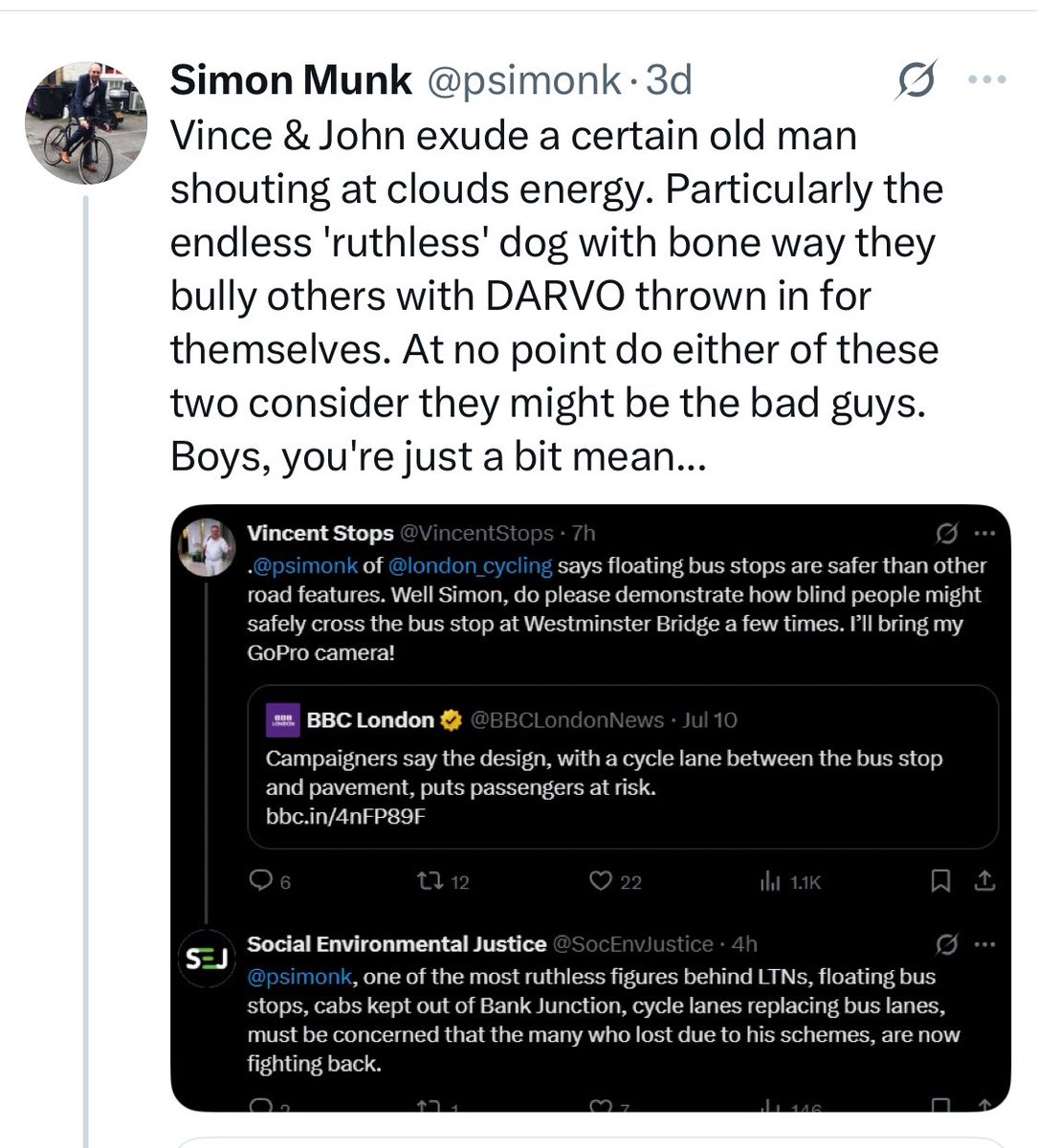 VincentStops's tweet photo. Blind people are losing their right to independent travel by bus because of people like Simon, employed by the @London_cycling campaign, who come up with tweets like this. What is he on? https://t.co/VFbIm8UDwM