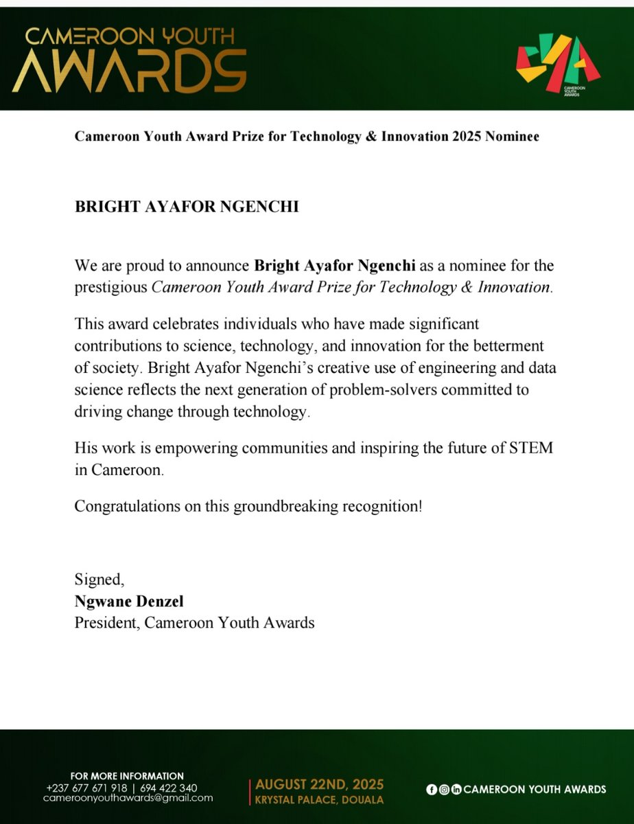 BrightPro7's tweet image. Thrilled to announce my nomination for the #CameroonYouthAward Prize for Technology &amp;amp; Innovation 2025! 🚀 Honored to be recognized for driving change through tech. Let's build a brighter digital future together! #CYANominee #TechForGood #Innovation #GirlsInTech
Awards on Aug 22nd