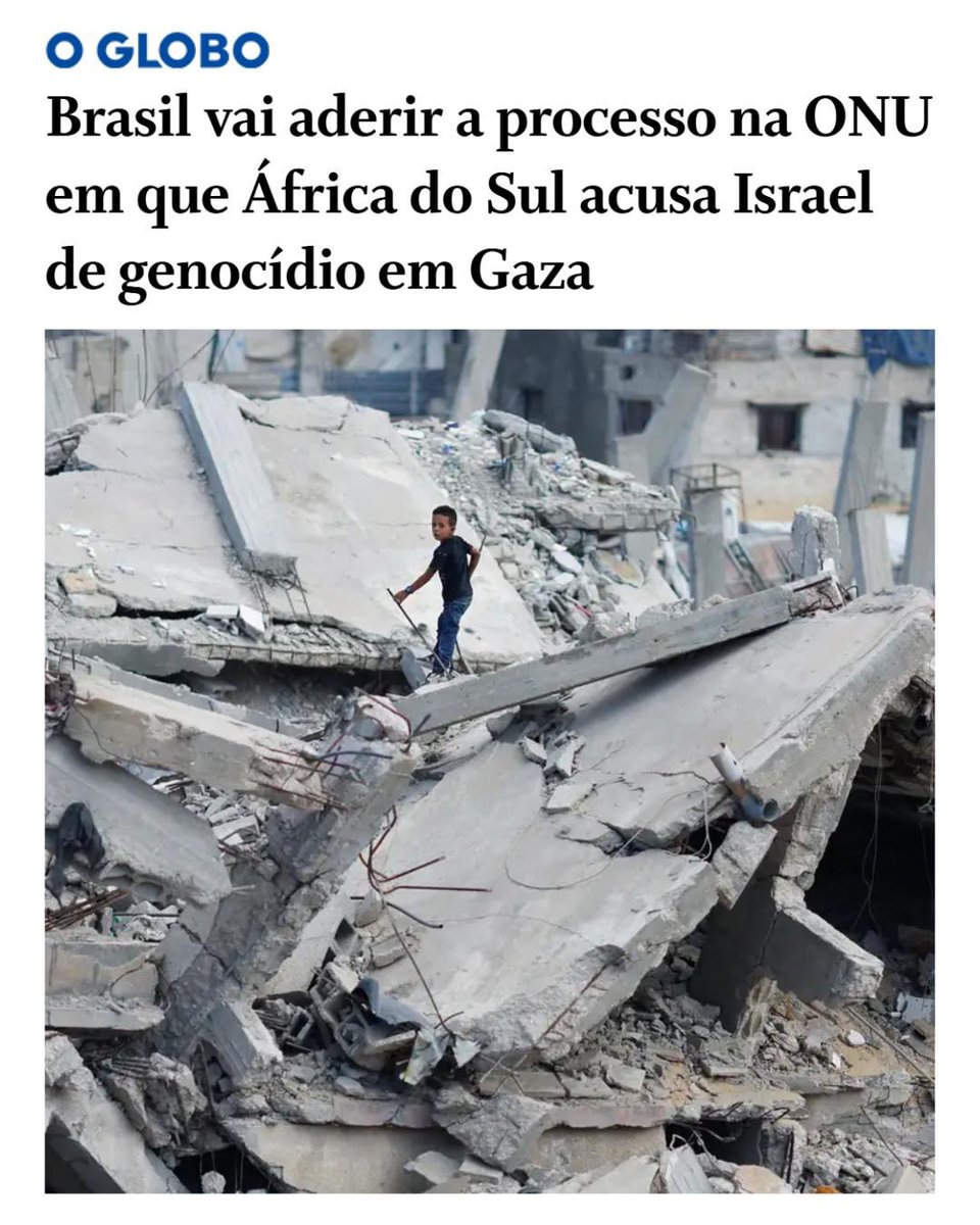 O Brasil irá aderir à ação da África do Sul que denuncia Israel pelo crime de genocídio na Corte Internacional de Justiça, da ONU.

Isso é importante.

Há uma semana, o Estado de Israel anunciou a criação de um campo de concentração para prender 600 mil palestinos no sul de Gaza.