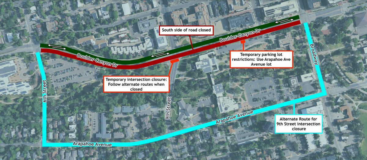 Starting today, CDOT repaving on Canyon Drive between 6th Street and Broadway will shift all east and westbound traffic to the north side of the road with one through-lane open in each direction. ⚠️ 6th Street has reopened as part of the detour. Details: ow.ly/Z0yy50WpxaE