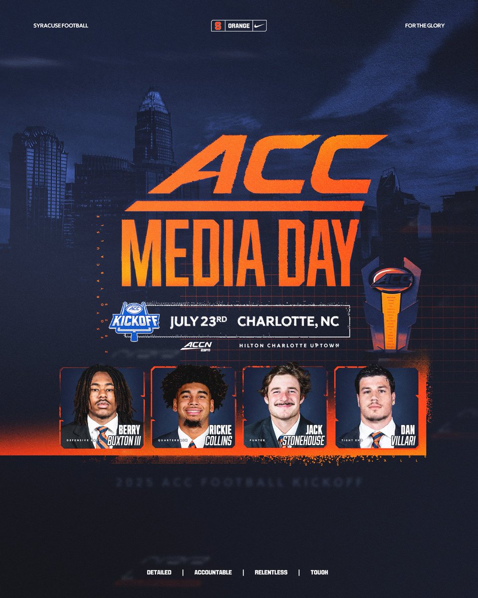 Syracuse Football (@cusefootball) on Twitter photo See you in Charlotte <a href="/ACCFootball/">ACC Football</a>
Berry Buxton III, Rickie Collins, Jack Stonehouse and Dan Villari will represent the Orange at ACC Media Day, alongside <a href="/FranBrownCuse/">Fran Brown</a>
ποΈ July 23rd
π Charlotte, NC
πΊ <a href="/accnetwork/">ACC Network</a>
π»π² <a href="/CuseFootball/">Syracuse Football</a> See you in Charlotte <a href="/ACCFootball/">ACC Football</a>
Berry Buxton III, Rickie Collins, Jack Stonehouse and Dan Villari will represent the Orange at ACC Media Day, alongside <a href="/FranBrownCuse/">Fran Brown</a>
ποΈ July 23rd
π Charlotte, NC
πΊ <a href="/accnetwork/">ACC Network</a>
π»π² <a href="/CuseFootball/">Syracuse Football</a>